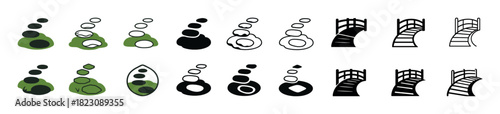 Minimalist black and green stone and bridge icons collection
