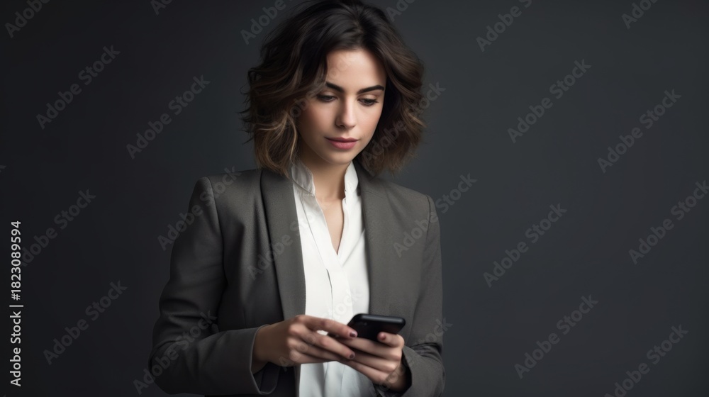 Fototapeta premium Businesswoman using mobile phone grey background digital image professional setting close-up empowerment
