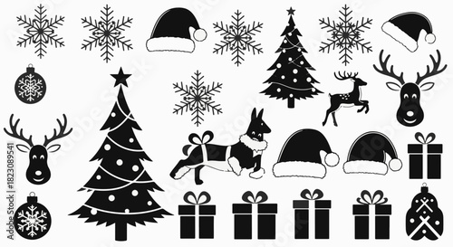 Black and white Christmas icons: snowflakes, Christmas trees, Santa hats, reindeer, gifts, and ornaments. Festive design elements.