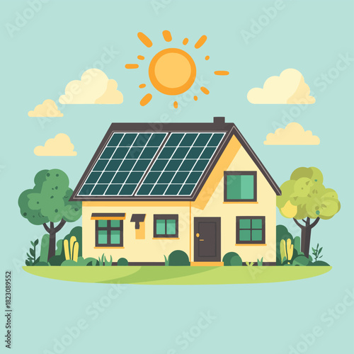 Flat design of solar panels on house rooftop with animated sun and trees, hospitality energy branding layout with copy space above , vector style simple color