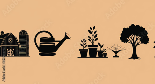 Line of black agricultural icons on a beige background. Includes a barn, silo, watering can, potted plants, sprinkler, and tree.