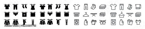 Laundry icons set: clothes, washing, drying, ironing symbols in black and white