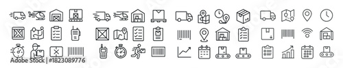 Logistics icon set: delivery, warehouse, transportation, tracking, time