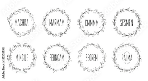 Eight minimalistic floral wreaths are arranged in a grid, each with a different name inside the circular design. The wreaths are simple line drawings with delicate leaves and berries.