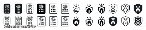 Security icon set: fingerprint, keypad, shield, smart home symbols in black and white