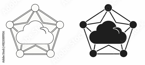 Two identical cloud computing icons are arranged in a row. Each icon depicts a cloud symbol inside a pentagon, connected by lines to nodes on each corner.