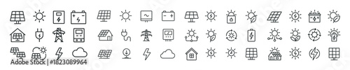 Solar energy icons: sun, panels, batteries, and more in minimalist design