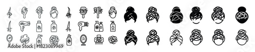 Hair care icons: tools and styles collection in line and solid designs