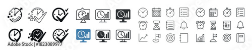 Time management icons set with clocks charts and communication symbols