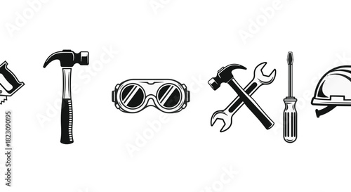 A row of monochrome illustrations of construction tools including a saw, hammer, goggles, wrench, screwdriver, and hard hat on a white background.