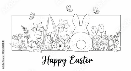 Black and white Easter illustration of a bunny's rear among flowers and butterflies, framed. Happy Easter text below.