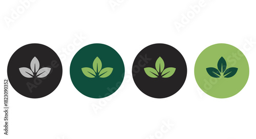Four circular icons, each featuring a stylized leaf design in varying shades of green and gray, set against contrasting backgrounds.