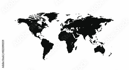 Black silhouette of a world map. Continents are visible against a white background. Simple graphic representation.