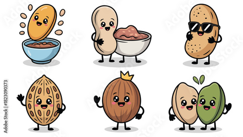 Happy cartoon nuts and seeds mascot icons