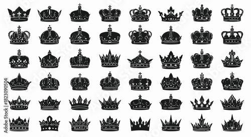 Collection of forty-two vector silhouette crown designs. Assorted shapes, sizes, and ornate decorations are displayed in a grid-like arrangement.