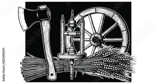 A black and white graphic featuring an axe, spinning wheel, wagon wheel, and bundle of wheat against a black background. Rustic and vintage style.