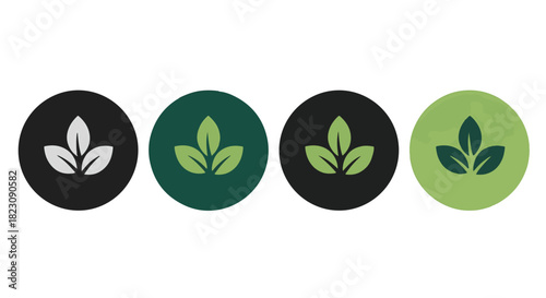 Four circular icons featuring a stylized leaf design. The colors vary from black and white to different shades of green.