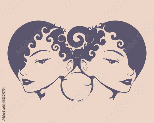 Two young women face front view. Melted with spiral and decorated by curls. Elegant silhouette of a female heads. Split personality disorder.