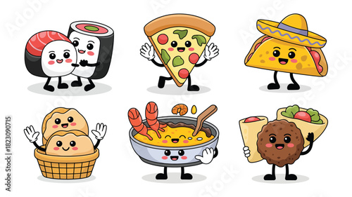 Cute smiling world food cartoon characters