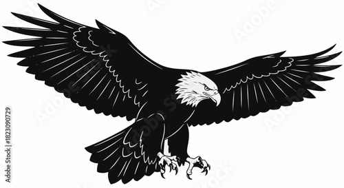 A stylized, black and white vector illustration of a bald eagle with wings outstretched, talons extended as if descending.