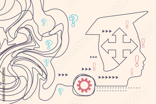 Way choosing metaphor. Personal growth and development. Multi arrow inside a head of student. Coaching, training and brainstorm. Metaphor of problem solving, chaos and mess, difficult situation.