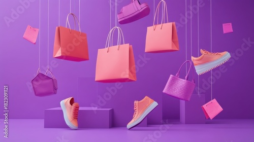Falling fashion items purple background fashion imagery creative environment aerial view trendy aesthetics