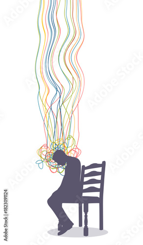 Stressed over thinking man with his head fuming. Psychotherapy, stress and psychosis. Brain damage, cognitive disfunction. A tangled nerves, symbolizing a depressed state of a person.