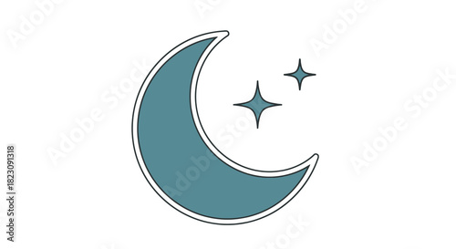 Crescent Moon with Stars Icon Teal and White Silhouette Illustration