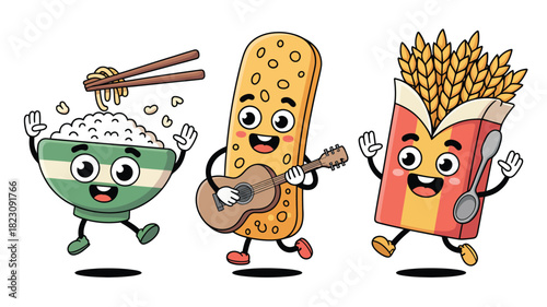 Happy cartoon food characters dancing fun