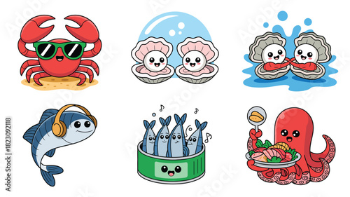 Cartoon sea creatures collection and food