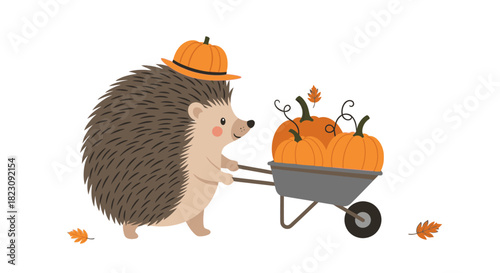 A cheerful hedgehog wearing a leaf hat and holding a small bundle of corn, smiling.