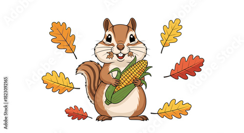 A cheerful hedgehog wearing a leaf hat and holding a small bundle of corn, smiling.
