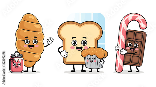 Cheerful breakfast and dessert characters