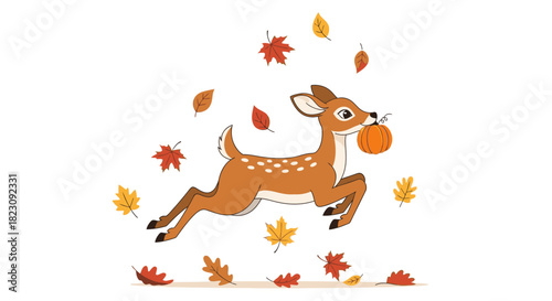 A cute cartoon fawn leaps through the air holding a pumpkin while autumn leaves fall.