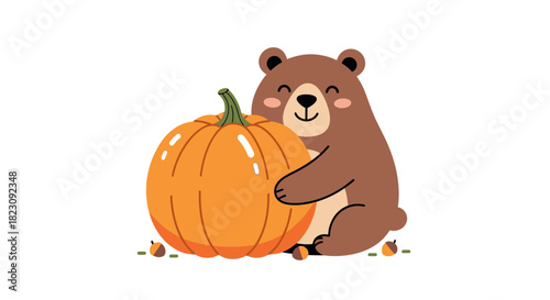 A cute cartoon brown bear happily hugging a large orange pumpkin on a white background.