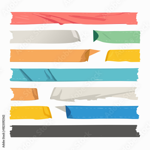 Collection of colorful adhesive tape strips with torn edges, evoking a sense of crafting and DIY projects