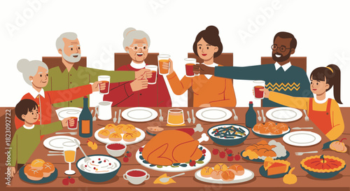 Multi-generational family celebrating a holiday meal, toasting around a festive dining table filled with traditional food like turkey and pies.