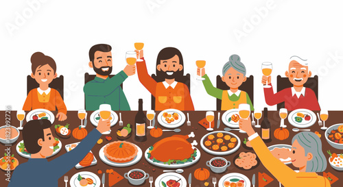 A family gathers around a table, raising glasses in a celebratory toast during a festive meal.