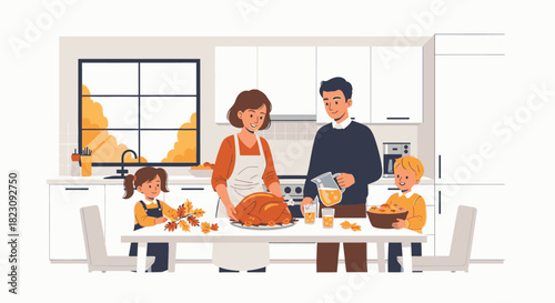 Family preparing Thanksgiving dinner in the kitchen, with turkey and side dishes.