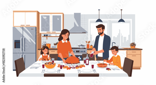 Happy family with two children having a festive holiday dinner together at the dining table in a modern kitchen.