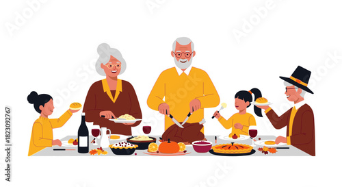 A multi-generational family enjoys a festive Thanksgiving dinner, with grandparents carving the turkey and children eagerly awaiting their meal.