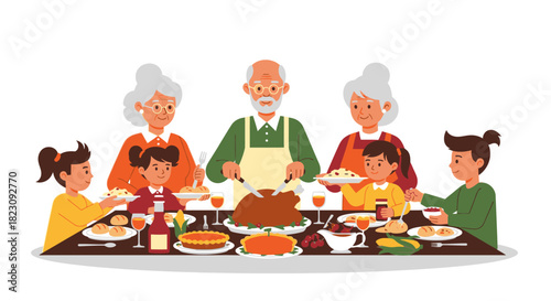 A happy multi-generational family enjoying a festive holiday dinner together as the grandfather carves a roast turkey.