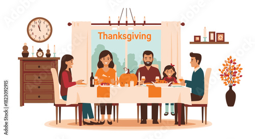 Family celebrating Thanksgiving dinner at a table.