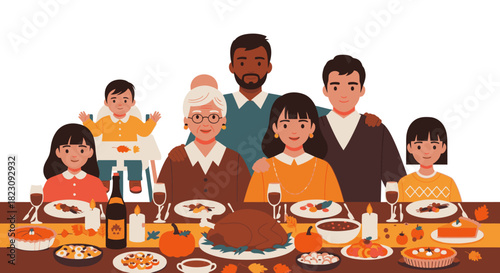 A diverse, multi-generational family gathered together for a festive Thanksgiving holiday dinner at a table full of food.