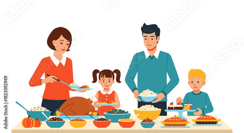 A happy family of four, including parents and two children, enjoying a festive holiday meal with a roasted turkey and various dishes on a table.