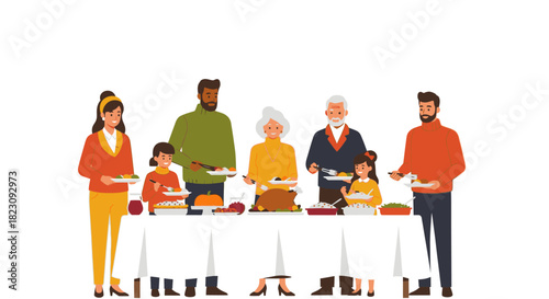 A large, diverse, multi-generational family standing together at a festive dinner table, serving themselves food for a holiday celebration.