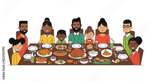 A diverse family of adults and children enjoying a festive holiday dinner together around a large table laden with traditional food.