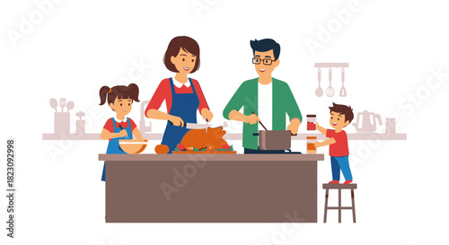 Family cooking together in the kitchen, preparing a meal with children and parents.