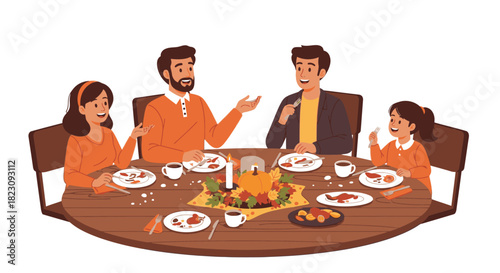 Family gathered around a wooden table, enjoying a meal together with smiles and conversation.