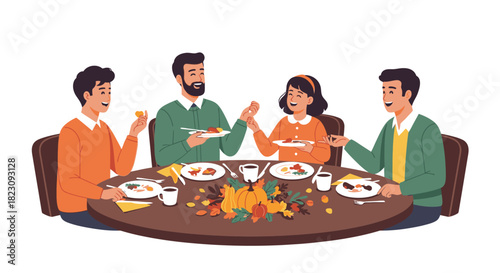 Family of four enjoying a meal together at a round table.